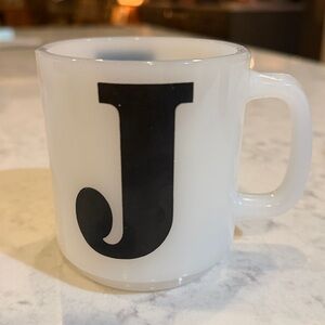 GLASBAKE vintage milk glass black and white Monogram Mug ‘J’